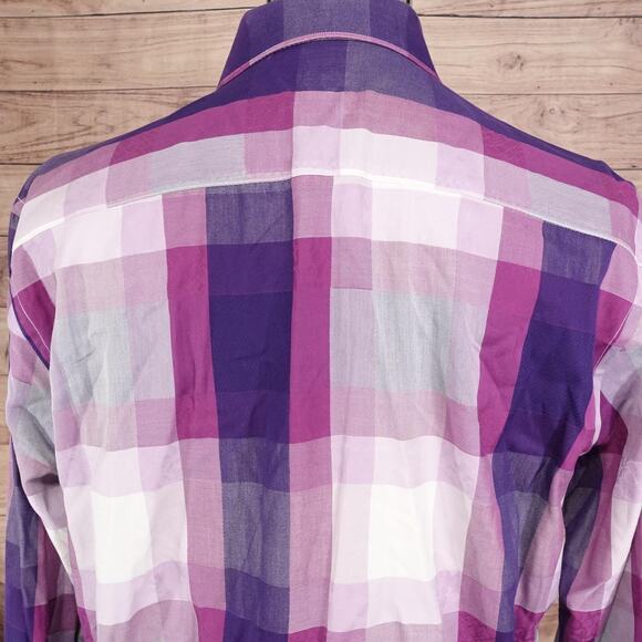 Bugatchi Uomo Shirt Mens Large Purple Pink Plaid Shaped Fit Button Up Cotton - Picture 5 of 10